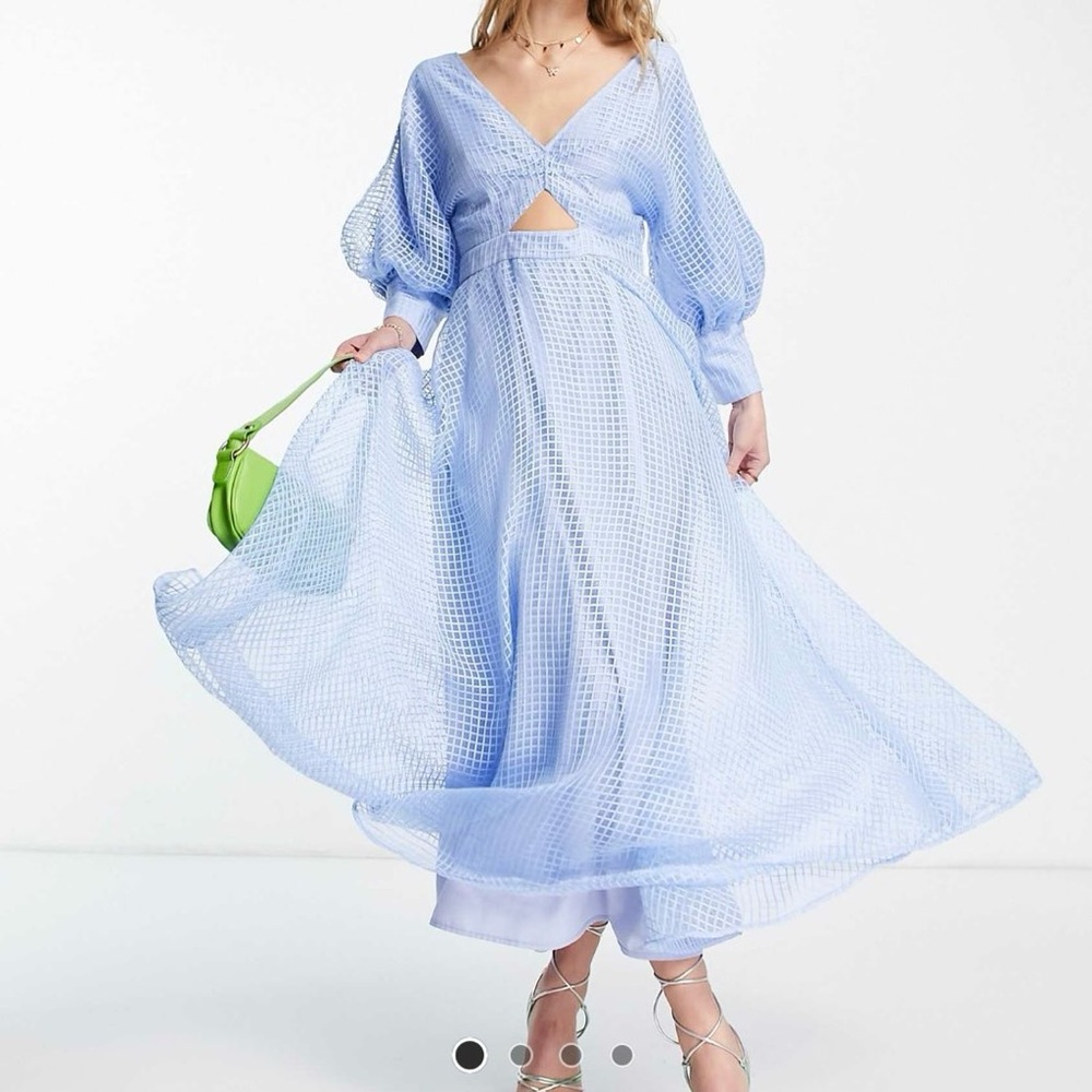 ASOS EDITION blouson sleeve midi dress in organza check in pale blue - Picture 2 of 8